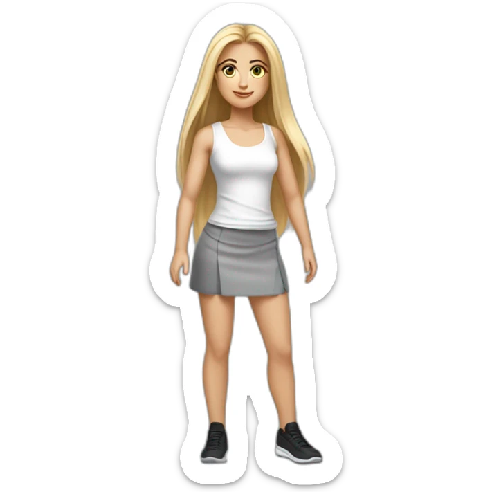 caucasian woman, with long straight hair, blonde hair, brown eyes, white tank top, gray tight mini skirt, black shoes, realistic drawing sticker