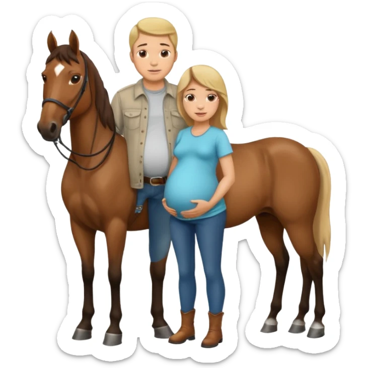 pregnant man in casual wear near horse sticker