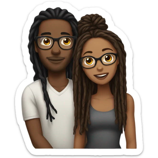 black couple with locs, male medium skin tone with long black locs, female brown skin with glasses and brown locs tied up kissing sticker