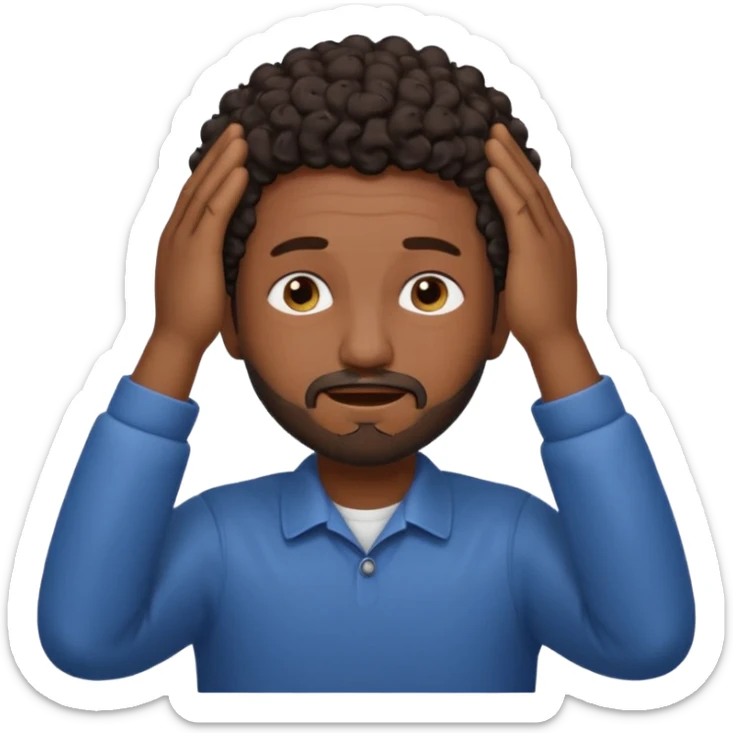 Emoji of a frustrated man with short dark curly hair and a short beard, eyes tightly closed and eyebrows furrowed.
Both hands raised near his head in frustration, clean rounded emoji style, soft gradients, plain background. sticker
