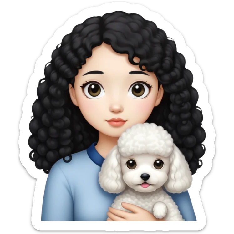 Asian girl with slim body, small face, big eyes, slightly curly black hair is holding a slightly fat white poodle sticker