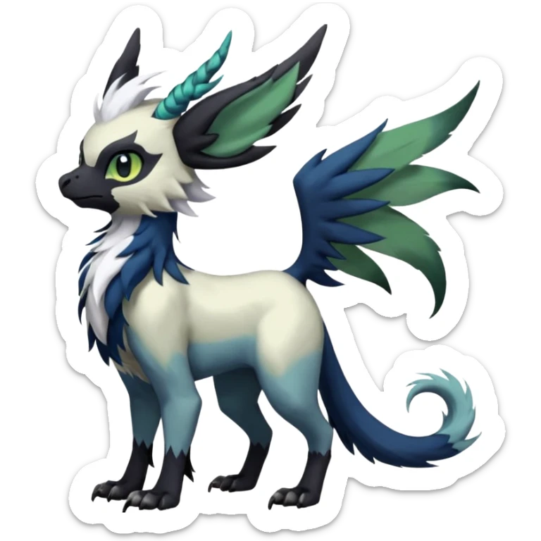 Dark-deep-colored gryphon-Trico-Nargacuga-Absol-Leafeon-Sprigatito-Silvally-fusion-hybrid with a long tufted tail, black beak, black claws, black tail, majestic, realistic, furry (full body) sticker