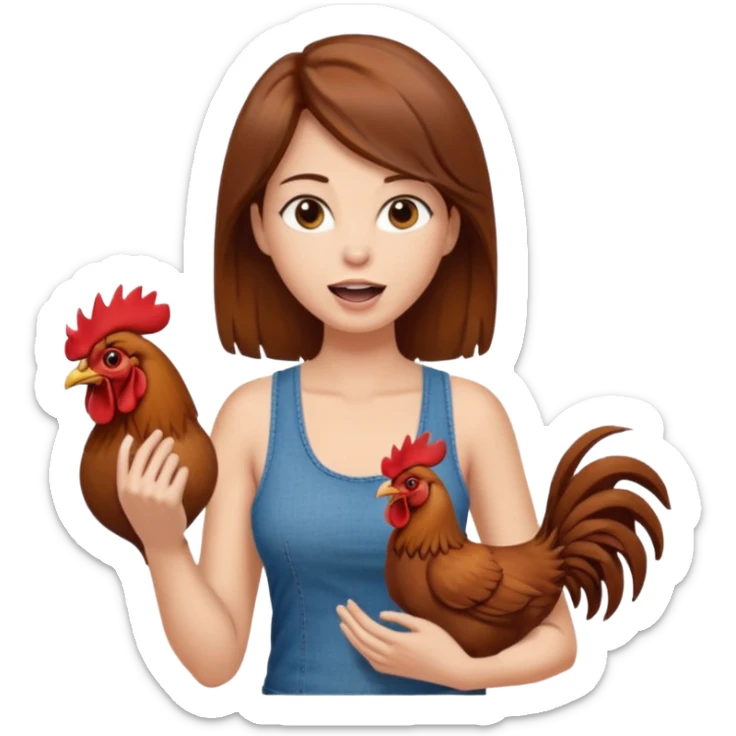 Kneeling Brown hair enormous boobs Woman open mouth tank top, wearing jeans touching one rooster sticker