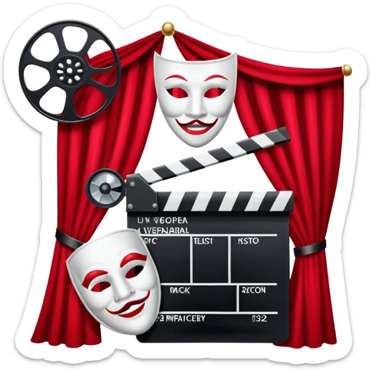 Icon for Acting in Theatre and cinema: a stage with curtains, a theater mask, a film camera and a clapperboard. The design should represent theatrical performance and acting techniques. Transparent background. sticker