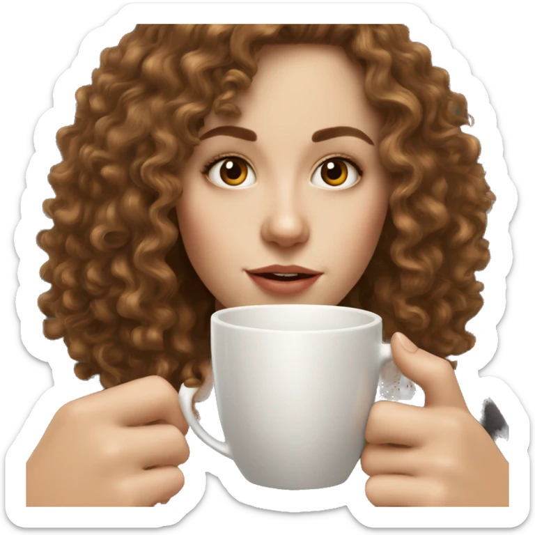 White Girl With Almond Eyes and Brown Curly Hair drinking coffee sticker