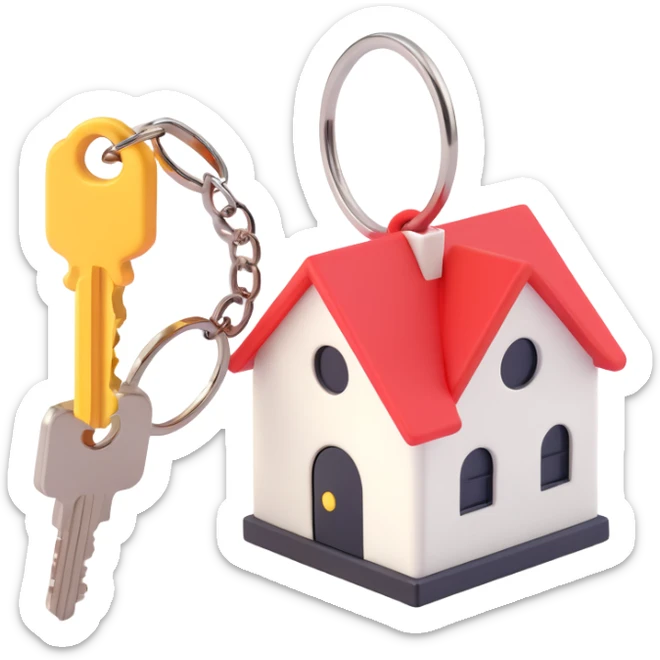 white keychain with a house-shaped key fob, 3D Emoji style, pure white color, soft shadows and highlights, transparent background, no decoration, close-up view sticker