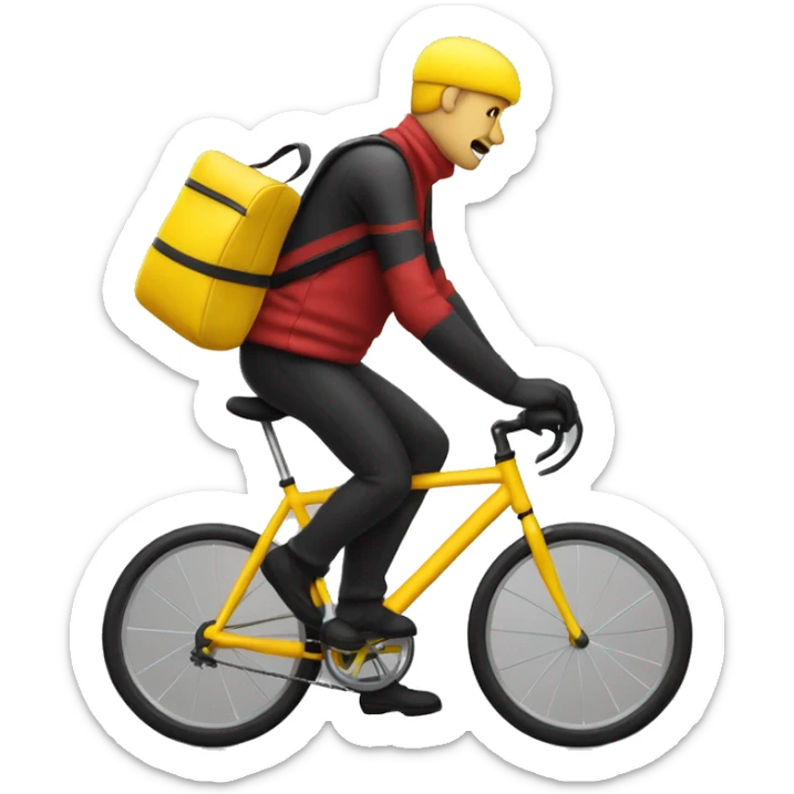 Homme en tenue jaune sur un vélo noir vélo avec un sac rouge carré sticker