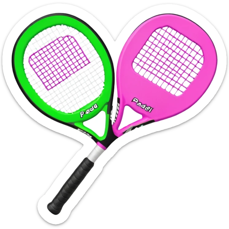 green padel racquet
with white frame
black grip
with a pink "p" in the middle
"padel in action academy" in white on top sticker