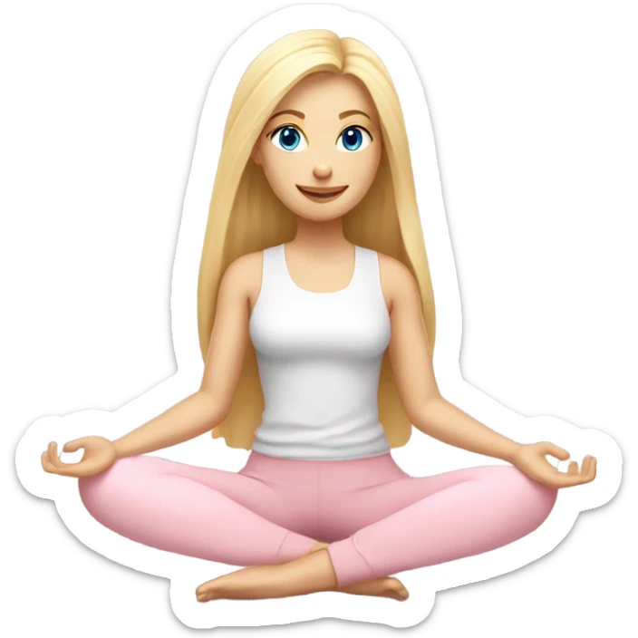 blonde long hair and blue eyes yoga girl in light pink clothes sitting on a yoga mat sticker