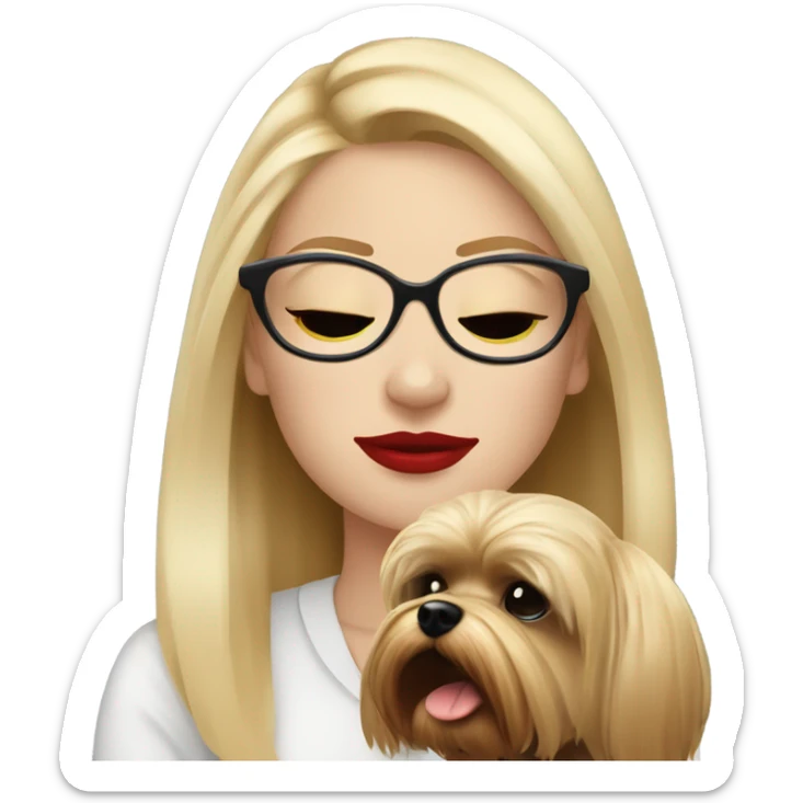 White girl, blonde hair, eyes closed, red lipstick wearing glasses hugs Yorkshire terrier  sticker