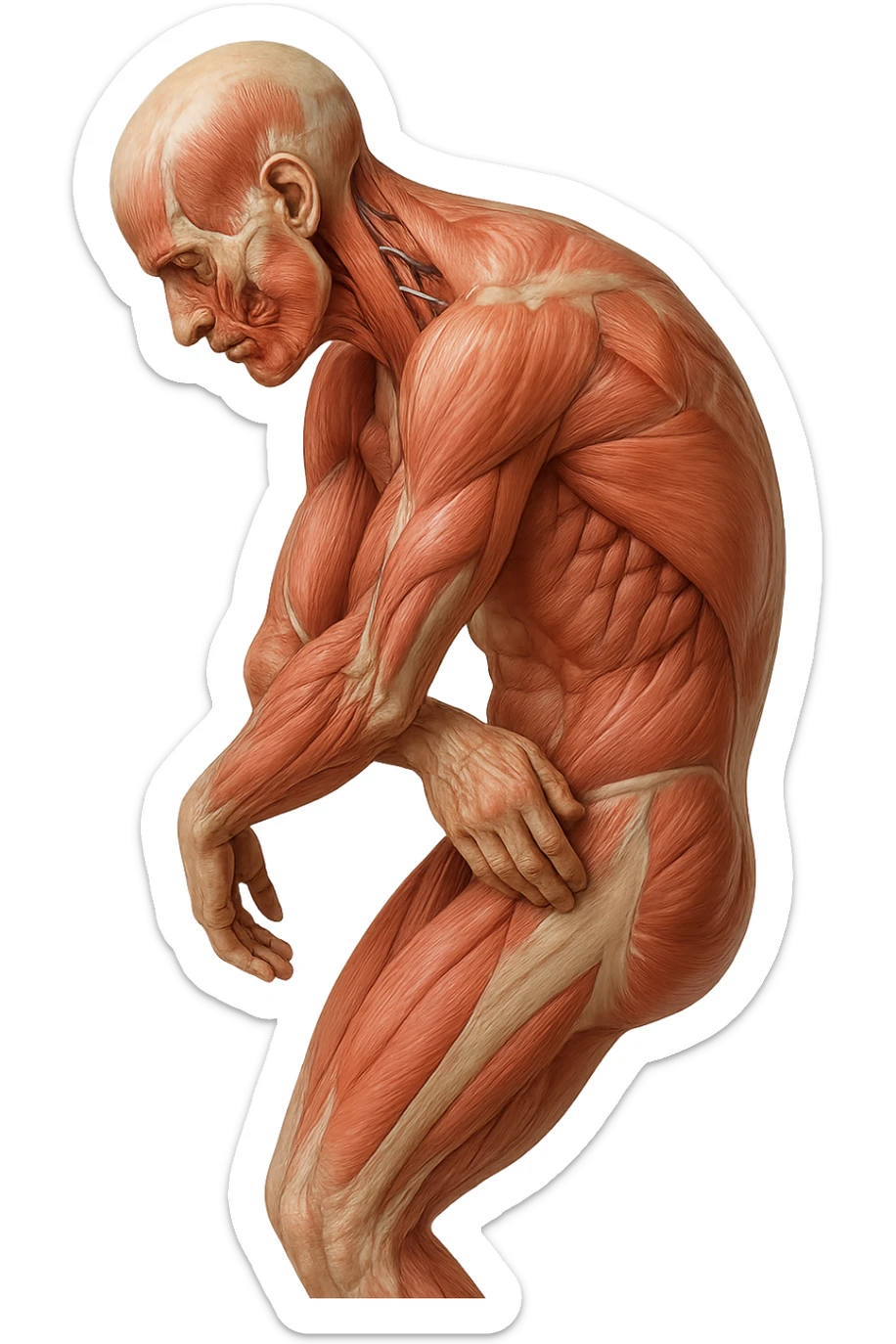 corpo umano anatomico realistico curvo con la schiena e le spalle in avanti, postura delle spalle chiuse, isolato su sfondo bianco sticker