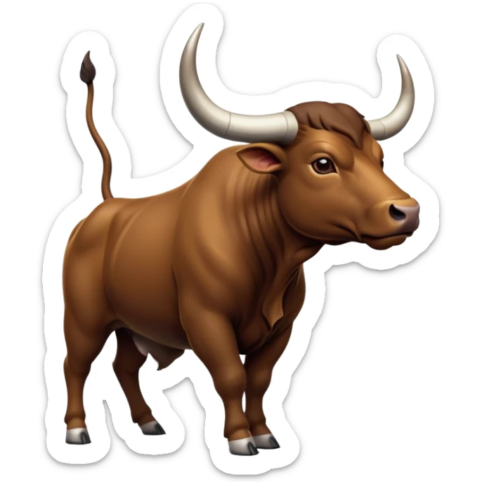 cinematic-[brown bull]-realistic-full-body-standing-emoji,-tail-flicking-lazily,-head-tilted-dramatically,-sleek-[brown]-fur,-simplified-yet-realistic-focused-features,-highly-detailed,-glowing-with-an-almost-sarcastic-glow sticker