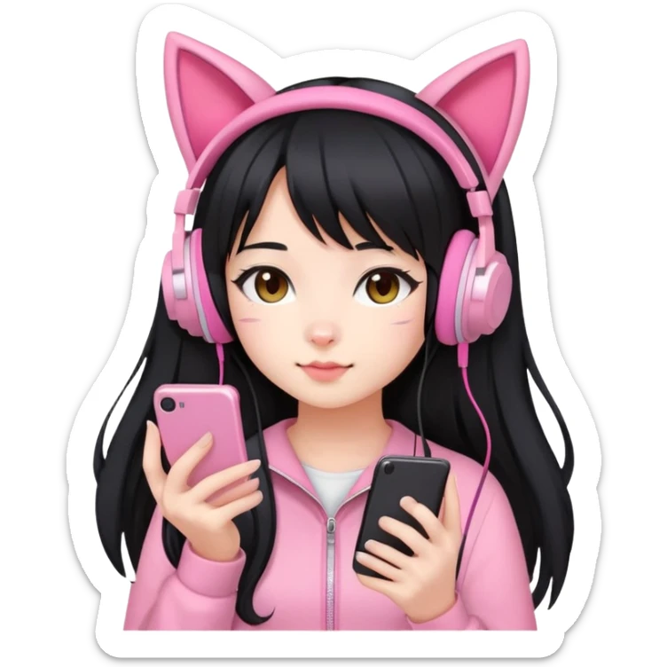 Extra cute Japanese girl with long hair, wearing pink cat ear headphones and holding a mobile phone sticker
