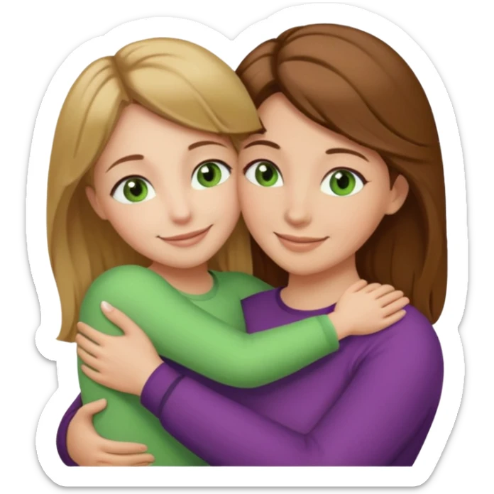 Maman cheveux marrons yeux marrons peau blanche et fille cheveux blond yeux verts peau blanche qui se font un câlin  sticker