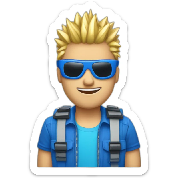guy with blonde spiked hair, motherboard visor, blue supreme shirt and wink-blink face sticker