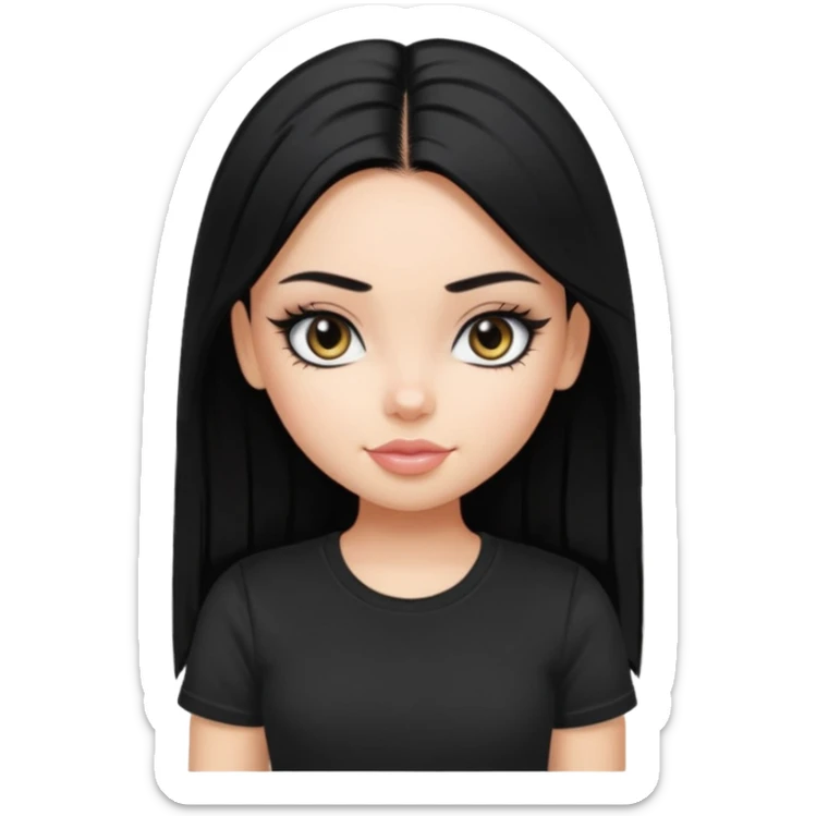 a pretty bratz girl with straight black hair wearing a black tshirt, eyeliner sticker