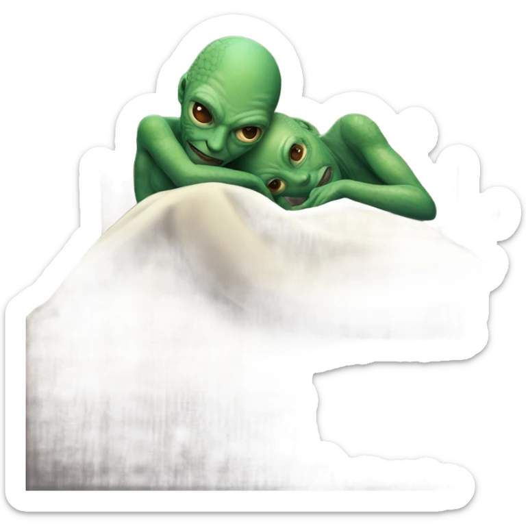 a Reptilian alien woman, and man laying on the bed sticker
