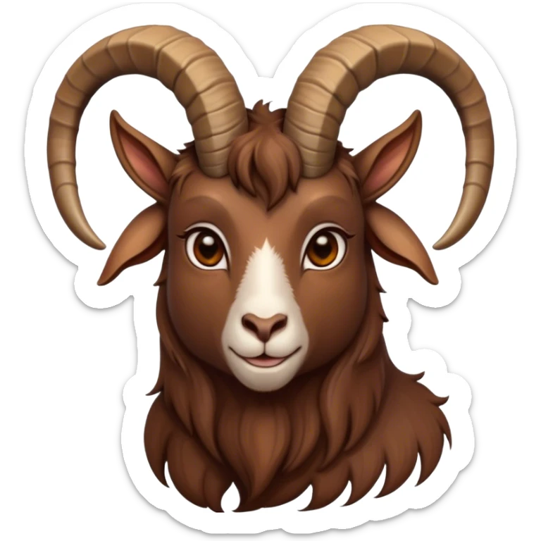 Cinematic Noble Brown Goat Portrait Emoji, Poised and regal, with a sturdy, agile build and a smooth, well-groomed rich brown fur accented by gracefully curved horns, deep-set soulful dark eyes, Simplified yet sharp and sophisticated features, highly detailed, glowing with a warm, dignified glow, high shine, intelligent and spirited, stylized with an air of rustic elegance, focused and attentive, soft glowing outline, capturing the essence of a watchful and confident goat, so majestic it feels as though it could leap out of the screen with effortless authority! sticker