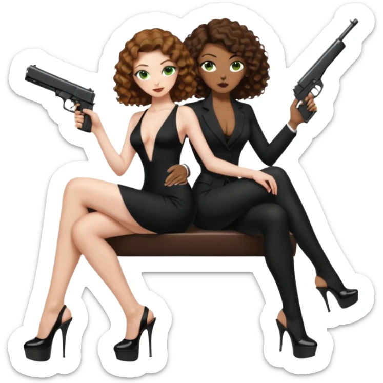 Sensual woman green eyes woman only brown long curly hair evil,with 7 inch platform stripper high heels long low cut black dress,and a gun, she is sitting on a buzz cut hair brown man's pimp lap, holdingwomans butt man is wearing a black suit sticker