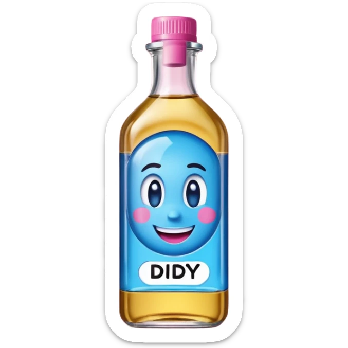 Smiling bottle of oil blue top pink outside with logo that says diddy oil sticker