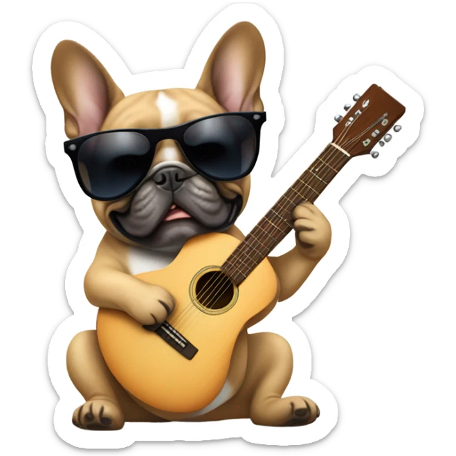 A French bulldog playing an acoustic guitar with dark sunglasses on sticker