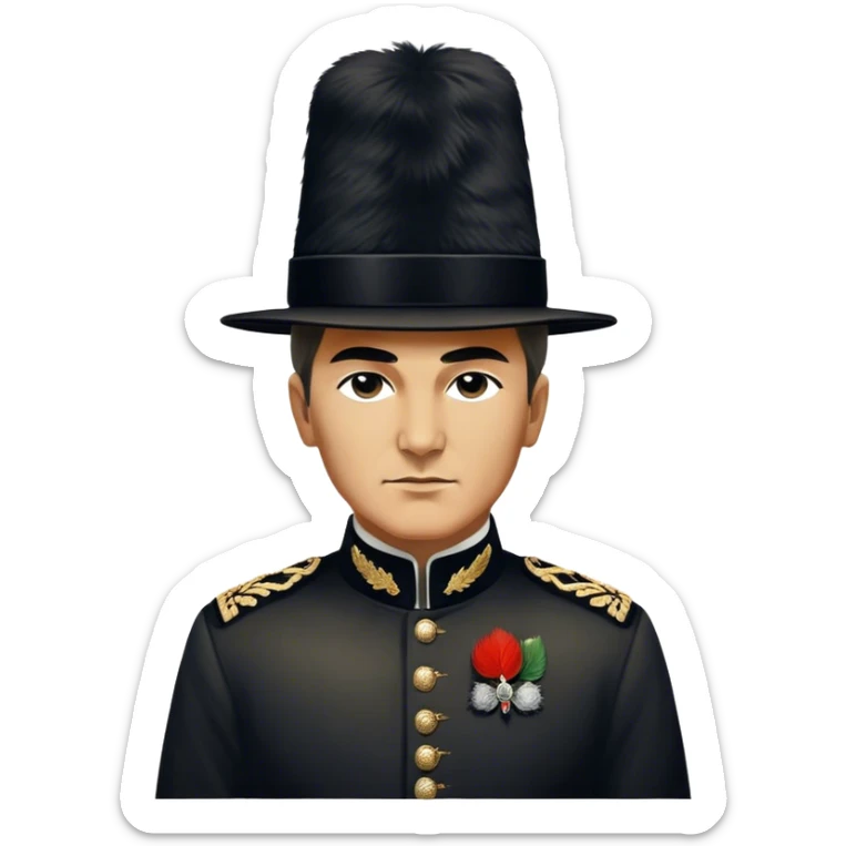 ​Cinematic Realistic Portrait of a Young Mustafa Kemal Atatürk, depicted wearing an iconic tall black fur hat along with traditional attire, his confident, visionary expression illuminated by warm, inspiring lighting, rendered with rich historical textures that capture his youthful dynamism and transformative leadership, sticker