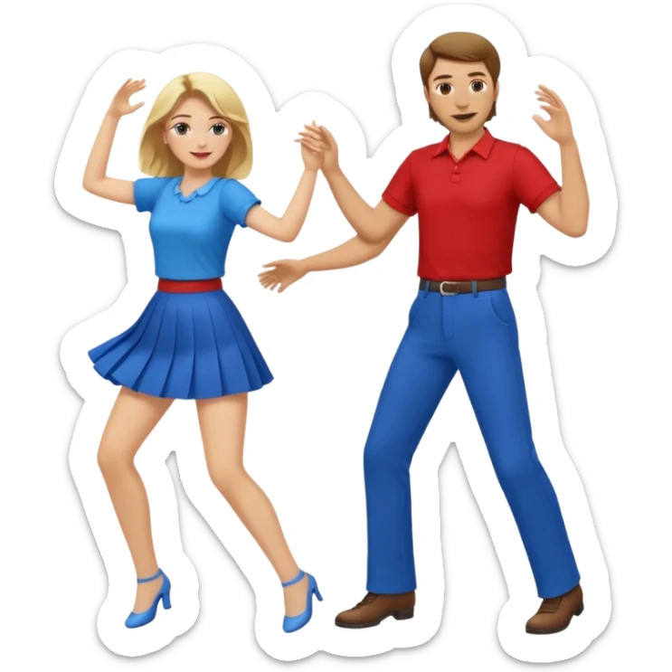 Two people dancing. Man in red shirt and pants with brown hair. Women in blue shirt and skirt with blond hair. sticker