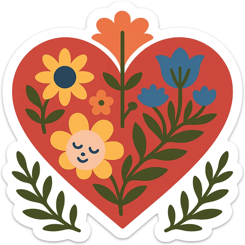 Red heart with Slavic folk art, bold nature motif, geometric flowers and leaves, inspired by Polish Wycinanki paper cut designs, with transparent background. sticker