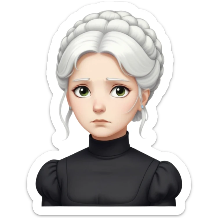 A Victorian woman with simple yet elegant coiffed white hair and light eyes wearing a simple monochrome black turtleneck mourning dress with puffed sleeves looking down with a forlorn, miserable expression sticker