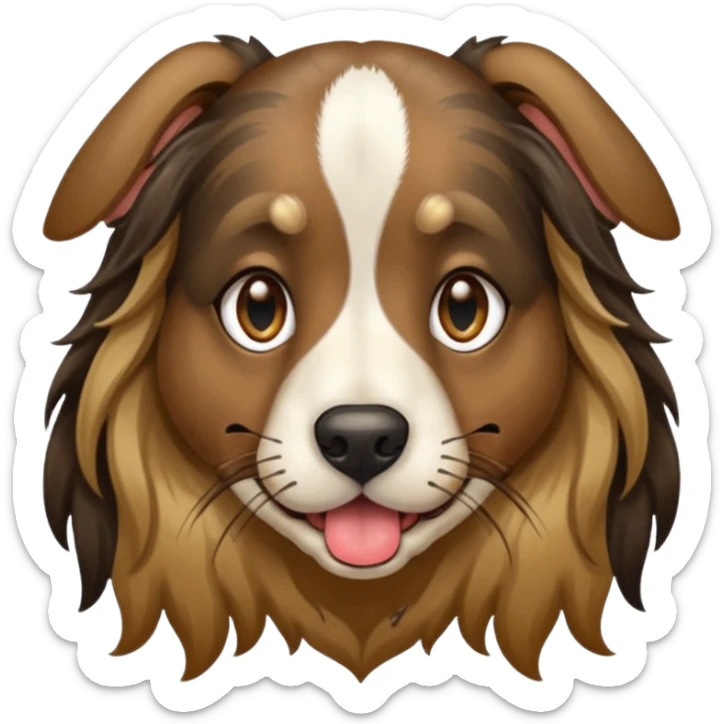 dog face with long black+brown brindle coat and bridge of nose. ears stand up w/ tips folded down. make eyes light brown-ish gold. widen tongue and add dark splotch. keep mane long.  sticker