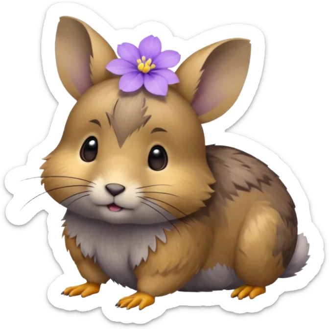 small round pika on all fours, turned at an angle, with a small light purple flower in its mouth sticker
