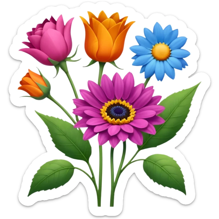 So, im back and i need these flowers into individuals emoji: Rose – pink
Sunflower – yellow
Lavender – purple
Tulip – red
Gerbera – orange
Forget-me-not – light blue
Chrysanthemum – green
Cornflower – dark blue sticker