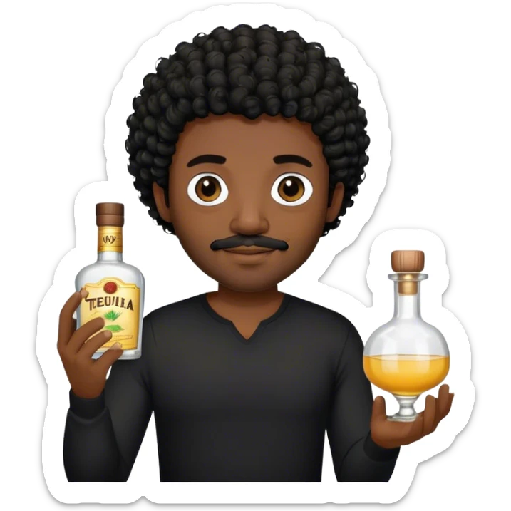 dark black guy, short black curly hair, facial hair, holding tequila, black shirt  sticker