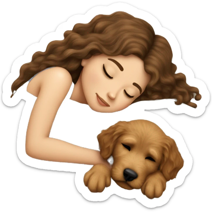 White girl straight  brown hair sleeping with golden doodle puppy  sticker