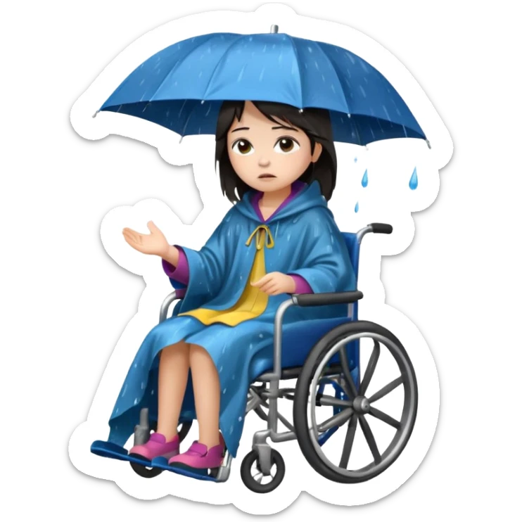 Girl with dark hair  in a wheelchair with rain poncho sad with rain storm  sticker