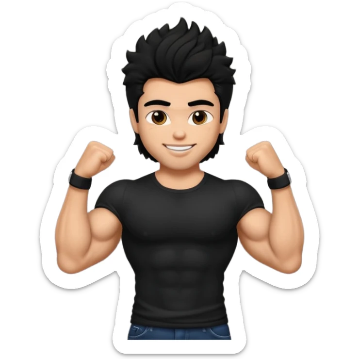 a pretty bratz guy with black hair with big muscles and shaggy hair in a tight black tee smiling sticker