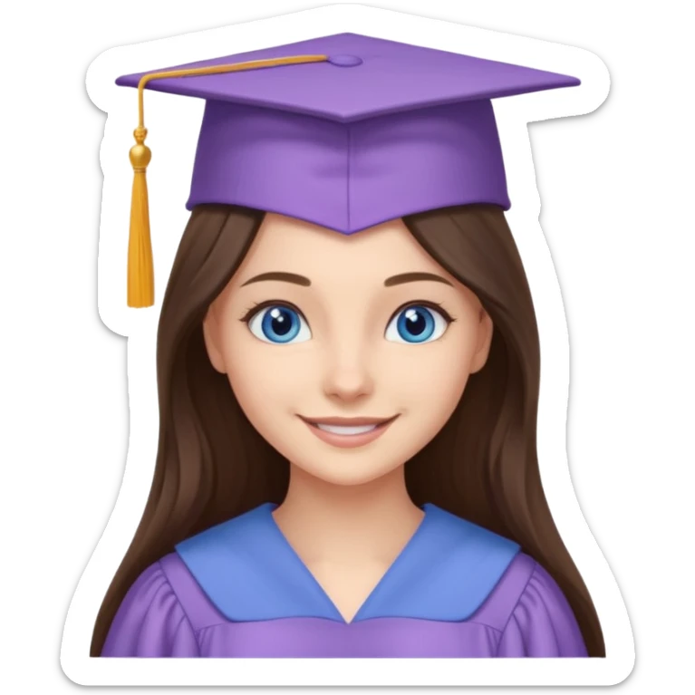 young brunette girl long hair, blue eyes and lilac gown and cap university graduate sticker