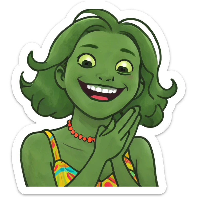 a black woman with her hands crossed in front of her neck laughing sticker