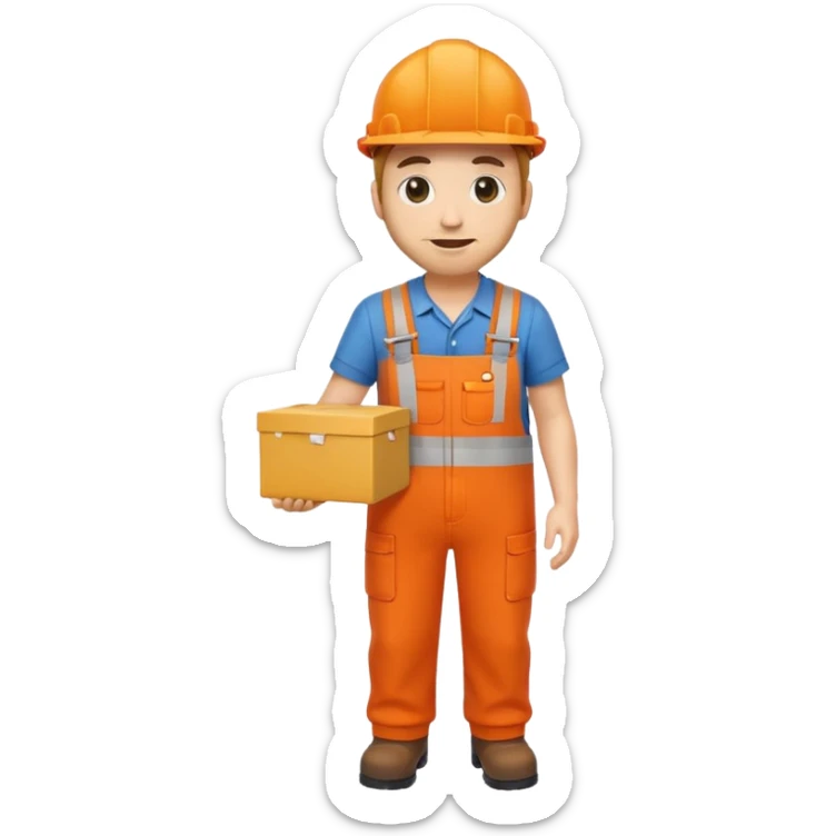emoji style railway engineer full body in orange overalls, holding a box in front of their chest sticker