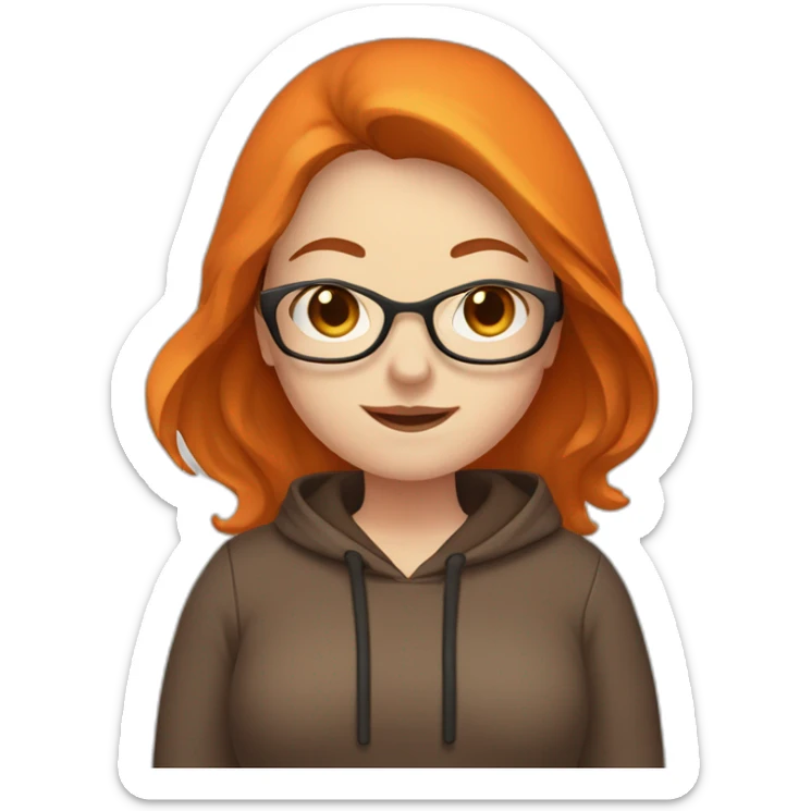 chubby woman with pale skin, with glasses, with long brown hair, wearing a dark orange hoodie, waving sticker