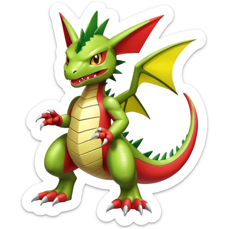 Cool cute shiny futuristic Guilmon-Flygon-Tyranitar-Digimon-hybrid-fusion, yellow belly, full body sticker