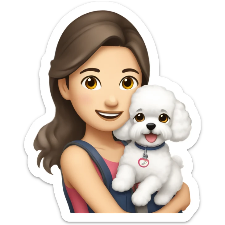A hair-in-a-bun Asian woman, with brown hair, carrying a cute and happy Bichon Frise at the airport  sticker