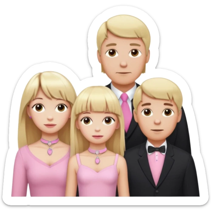 a family of three. daughter, mom and dad. long elegant blonde hair with bangs. almost female blonde boy femboy trap t-girl cute feminine makeup gay lingerie. skinny  body.   pink choker. whore hoop earrings. sticker