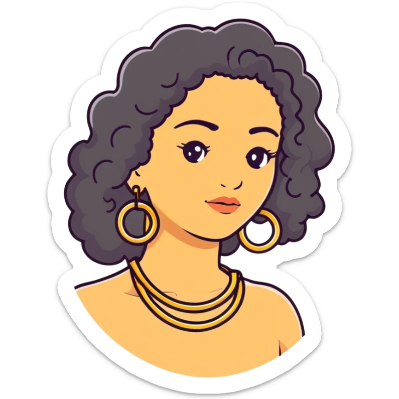 attractive Greek woman with long curly hair and light skin wearing gold hoop earrings and a gold necklace sticker