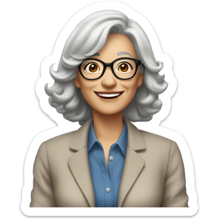 Woman in her 60s, with salt and pepper hair, pale skin, glasses, brown eyes, smiling wearing a blazer, collared shirt,  jeans sticker