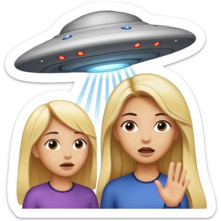 A girl with dark hair and a tan skin and a girl with long blonde hair getting sucked up by a ufo sticker