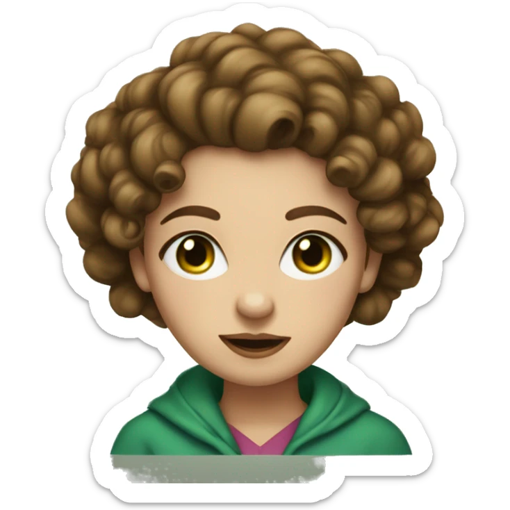 Woman with brown curly hair pinned up with a hairpin, blue eyes, green hoode sticker