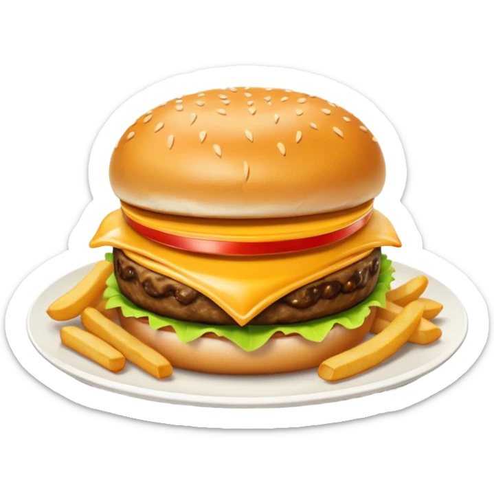i want a Cheeseburger and Fries with a angle to 15–20° gentle bird’s-eye angle with Sause on white plate  sticker