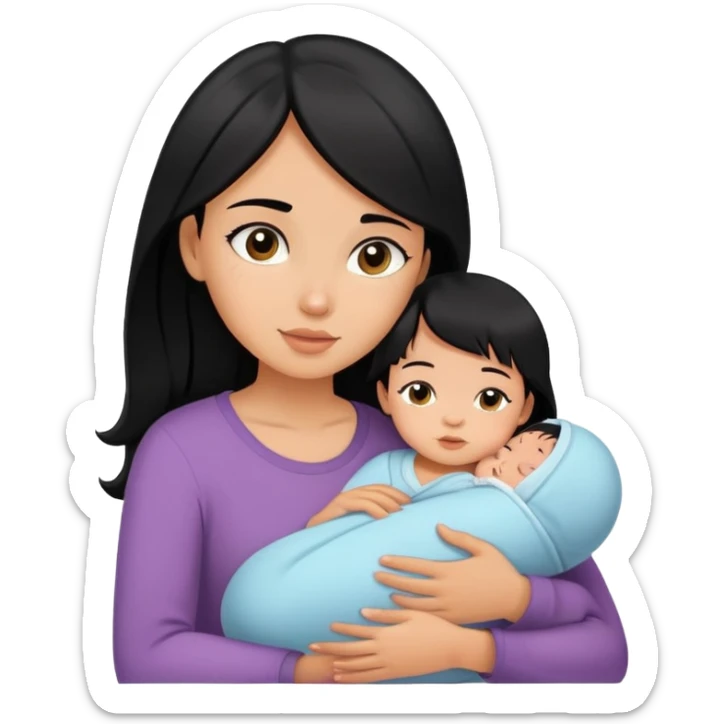 girl with black hair hugs a newborn baby and a girl sticker