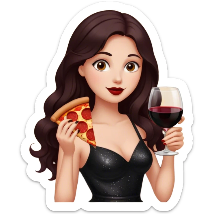 Beautiful woman in 1950’s woman fashion look, black shimmery dress, long dark brown hair, red wine, Pepperoni pizza sticker
